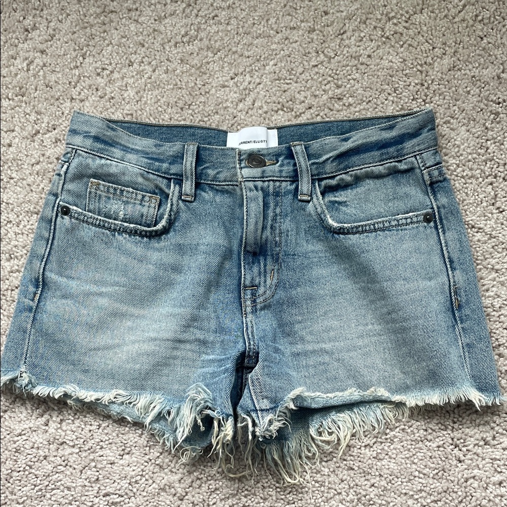 Current/Elliott Light Blue Distressed Frayed-Hem Denim Shorts